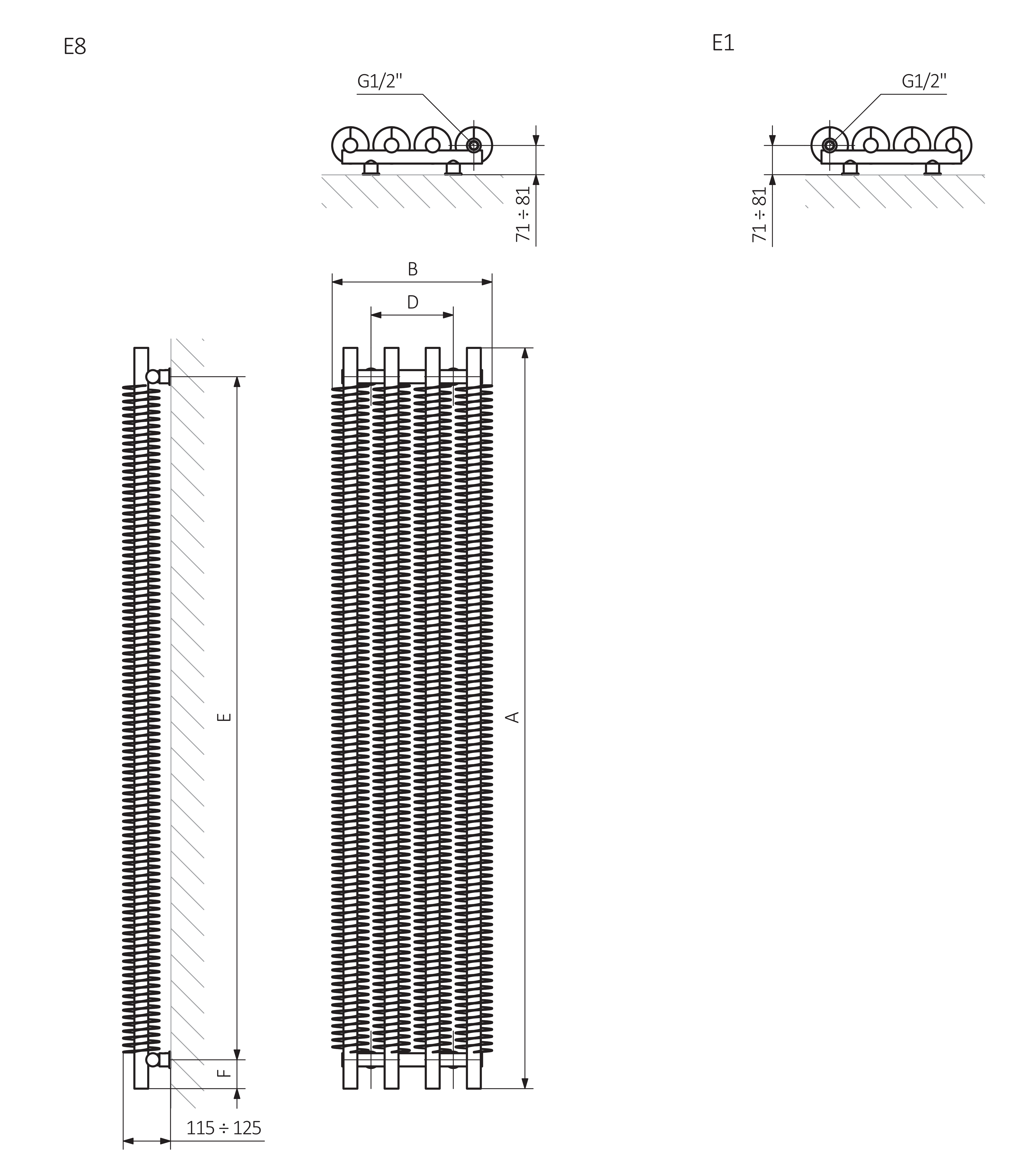 A - Höhe B - Breite C1-C5 - Abstand der Anschlüsse D - Abstand zwischen den Befestigungen in horizontalem E - Abstand zwischen den Befestigungen in vertikaler F - Abstand von der unteren Achse der Befestigungen zur unteren Kante des Kollektors
