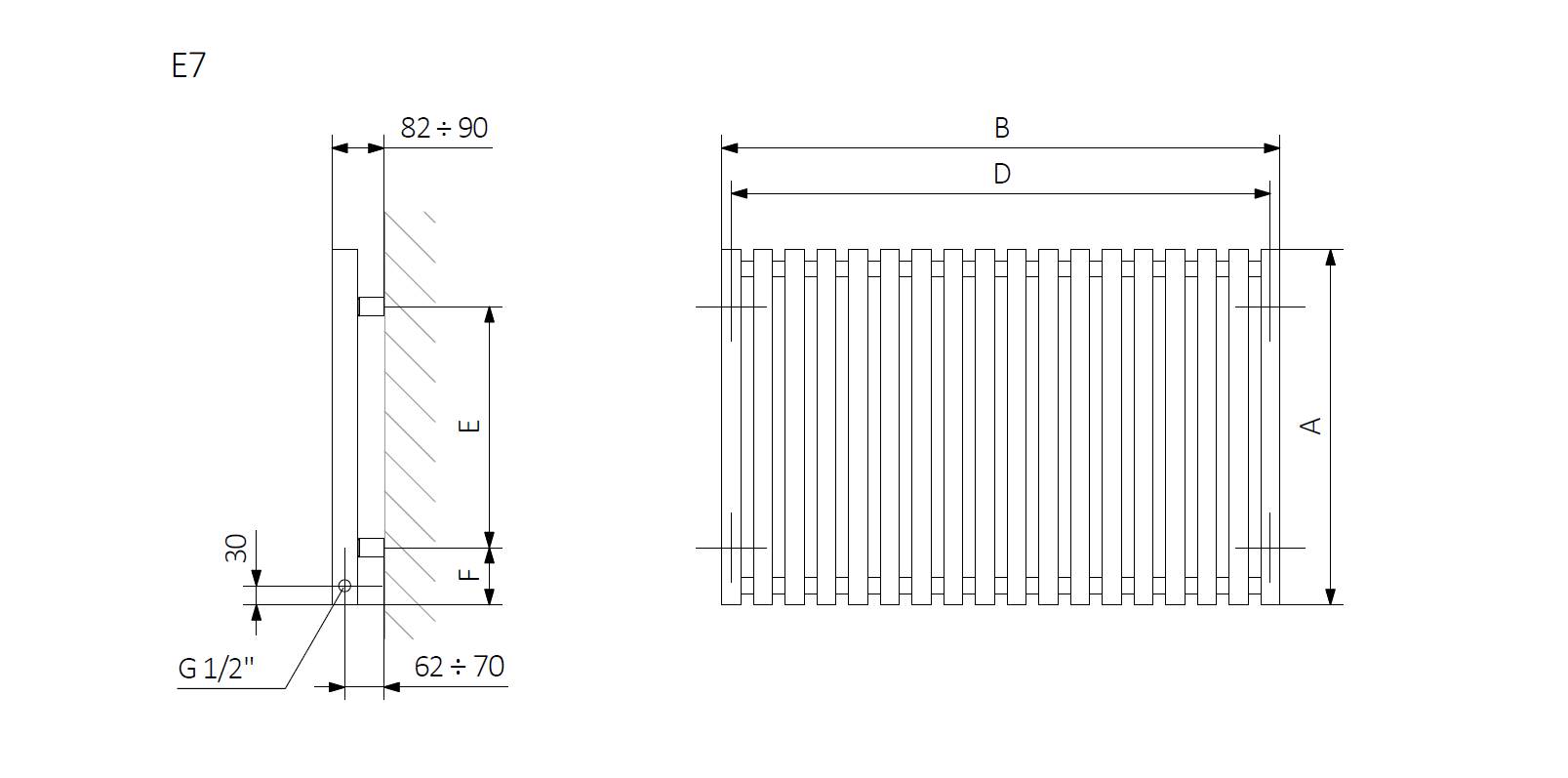 <p>A – wysokość B – szerokość C1-C5 – rozstaw podłączeń D – rozstaw mocowań w poziomie E – rozstaw mocowań w pionie,<br />
F – odległość od osi dolnego mocowania do dolnej krawędzi kolektora</p>